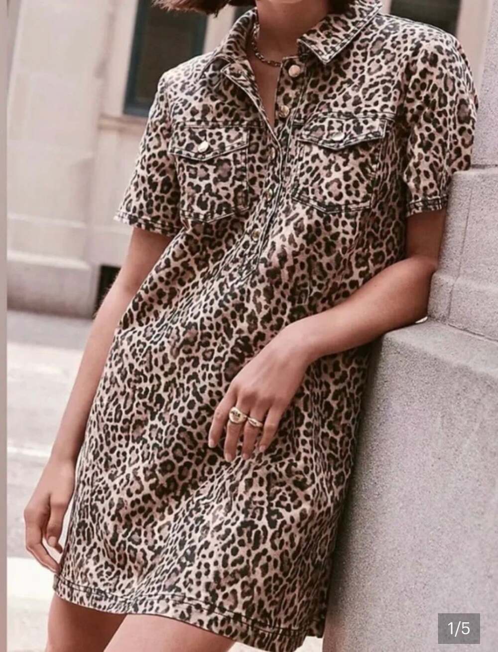 NWT: LOFT Leopard Print Denim Dress Short Sleeve Popover Pocket - Size M